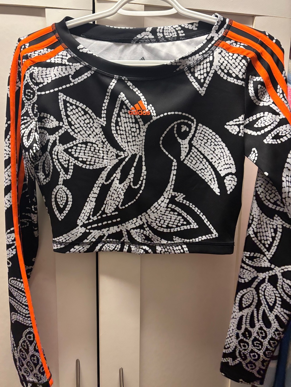 adidas Black & White Floral-Print Long Sleeve Crop Top with Orange Stripes